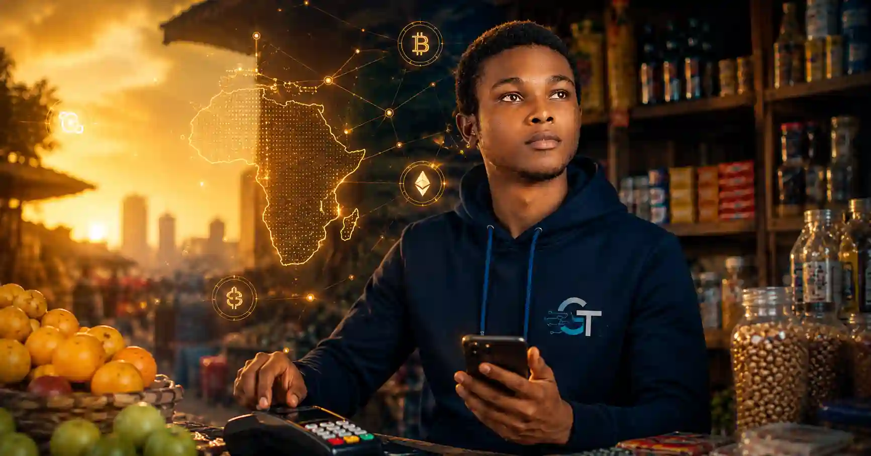 Entrepreneur using mobile phone for Web3 payment in Africa, symbolizing digital economy growth