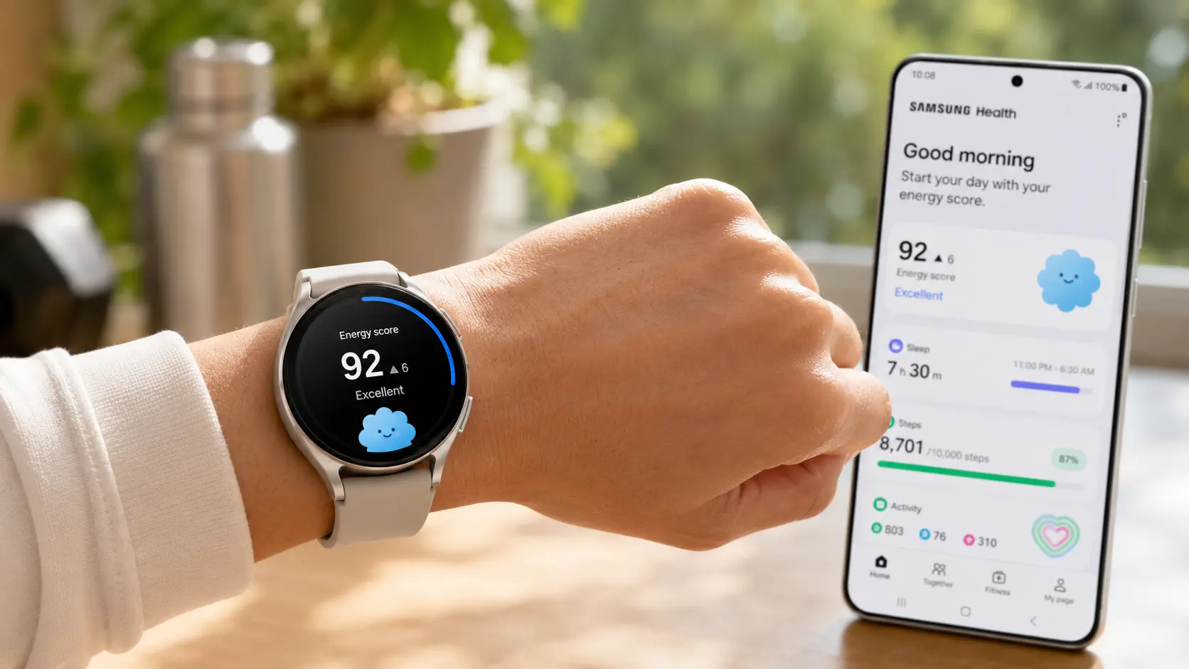Samsung Galaxy Watch AI health coach showing AI Energy Score on watch face with Samsung Health app redesign representing the June 2026 AI health update