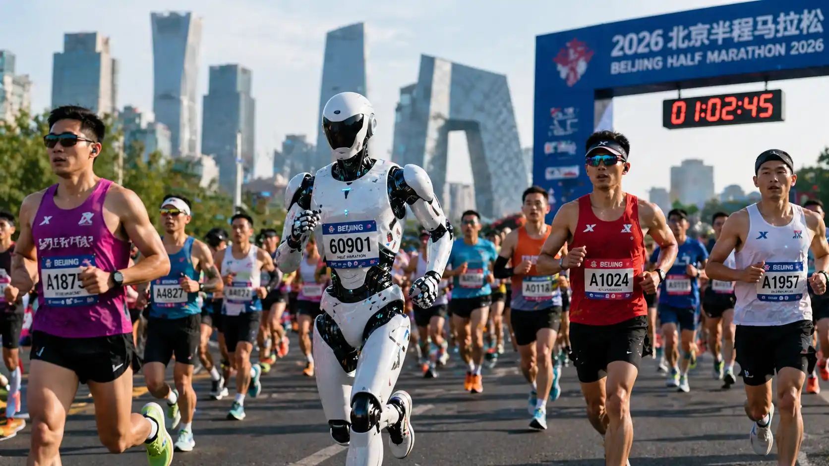 Humanoid robot running in the Beijing half marathon April 2026 alongside human runners representing one of the biggest tech news stories of April 2026