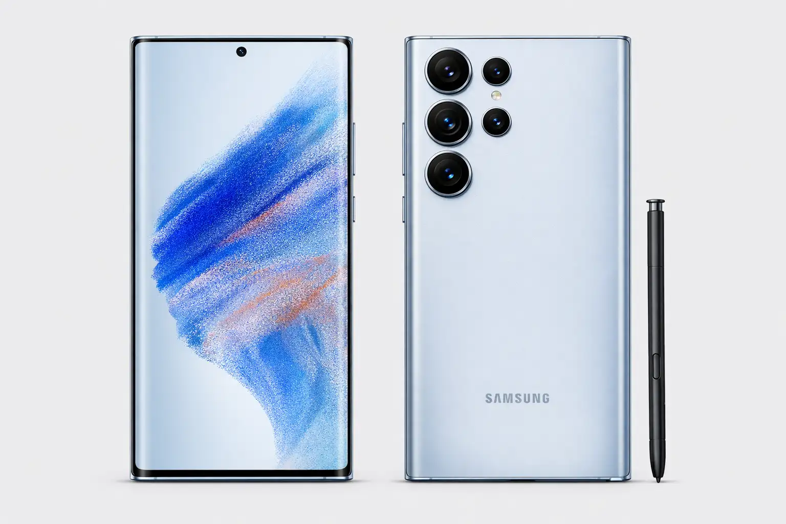  Samsung Galaxy S25 Ultra in Titanium Silverblue showing front and back design with S Pen slot and quad camera system