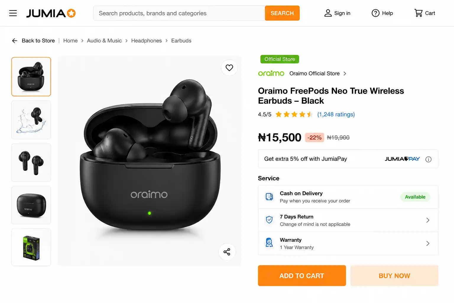 Jumia official Oraimo store listing showing cash on delivery option