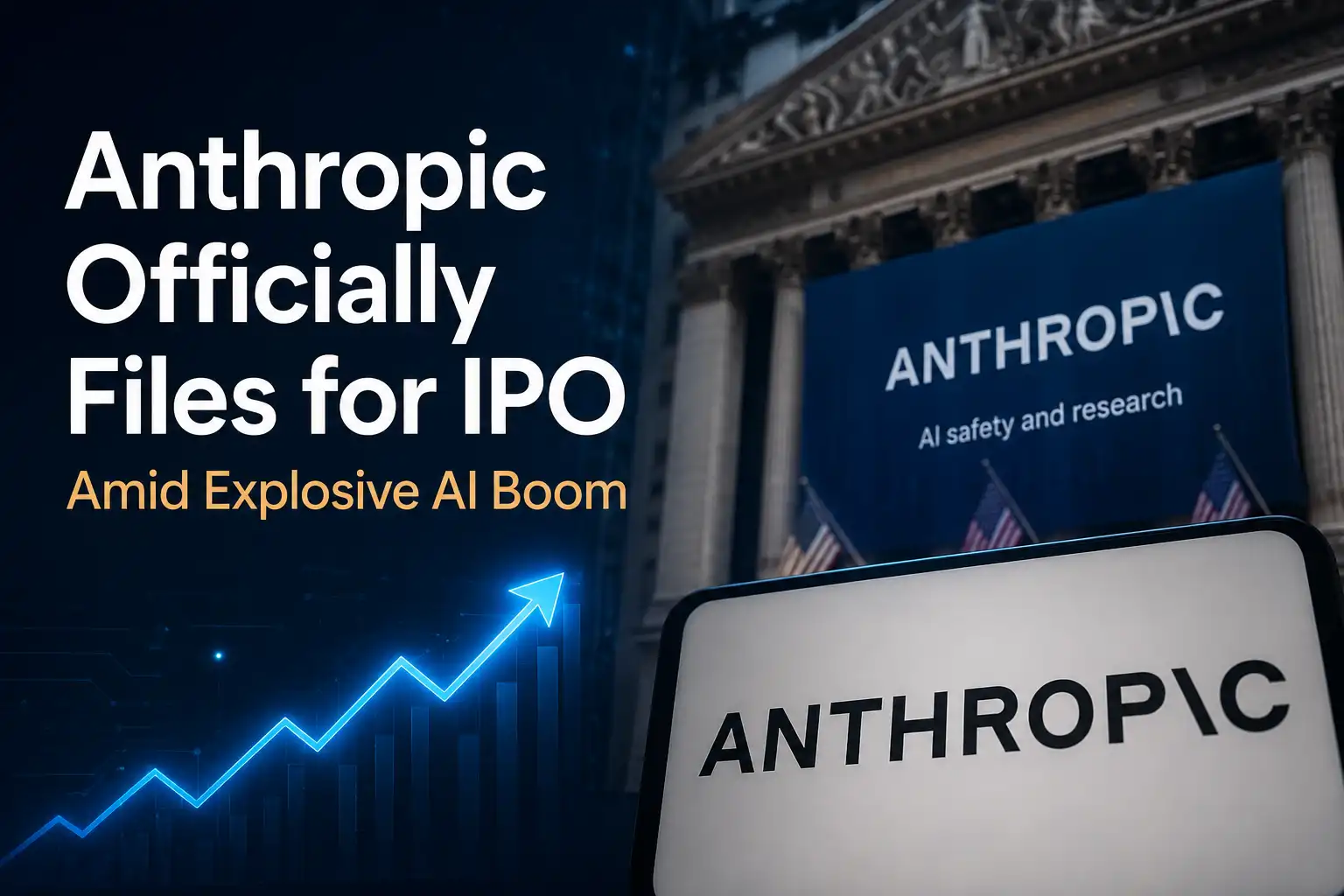 Anthropic IPO filing 2026 editorial image showing Anthropic logo with rising stock chart lines and trading floor silhouette representing the AI company's confidential S-1 submission at a 965 billion dollar valuation