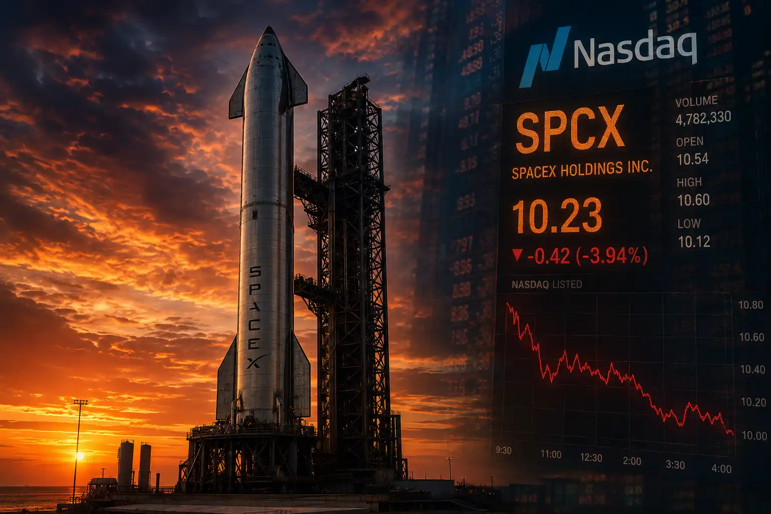SpaceX IPO roadblock editorial image showing Starship rocket on launch pad with Nasdaq SPCX ticker overlay representing the $2 trillion IPO investor scrutiny in 2026