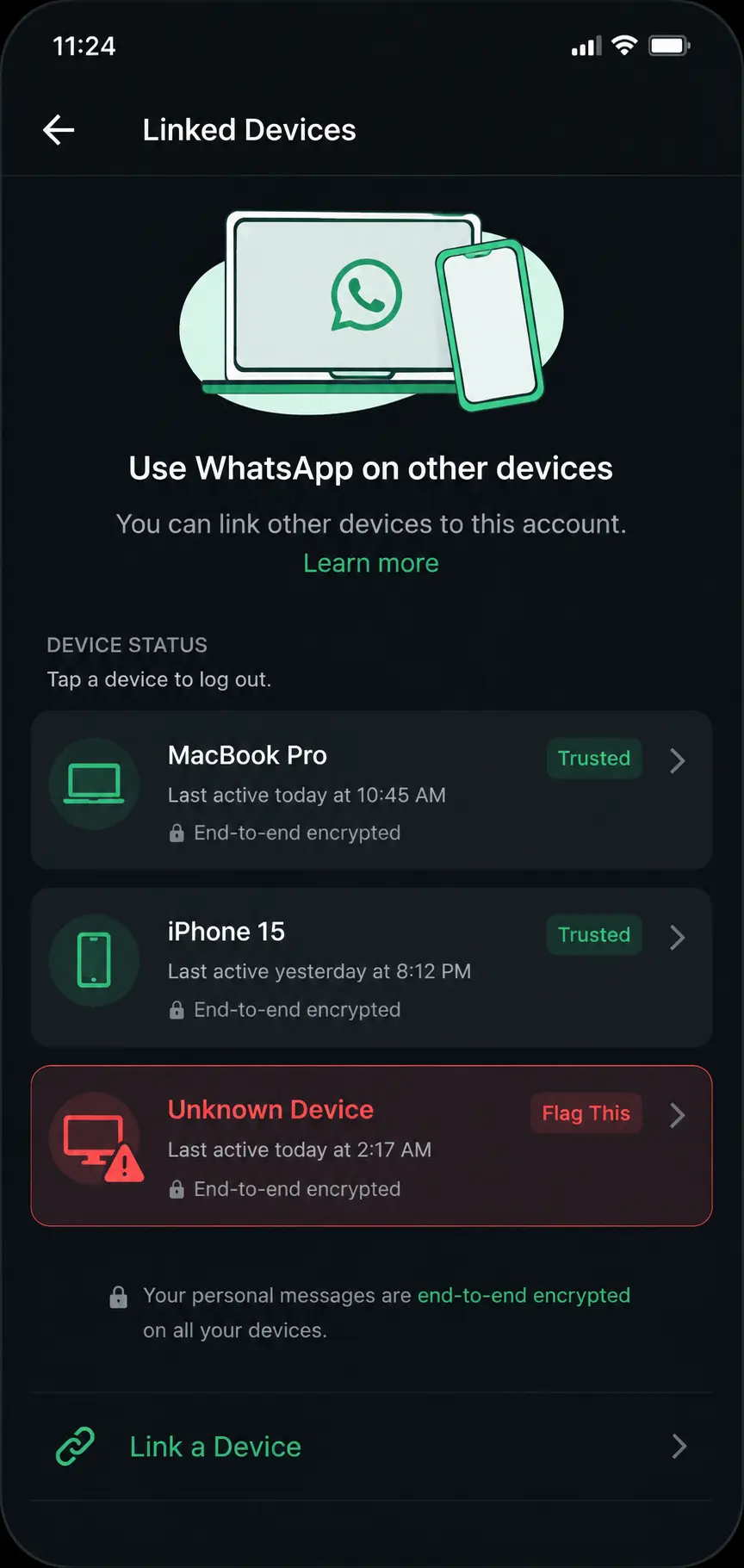 Mockup of WhatsApp Linked Devices screen with one unknown device flagged in red