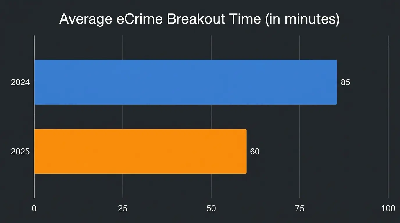Chart comparing 2024 and 2025 average cyber attack breakout times