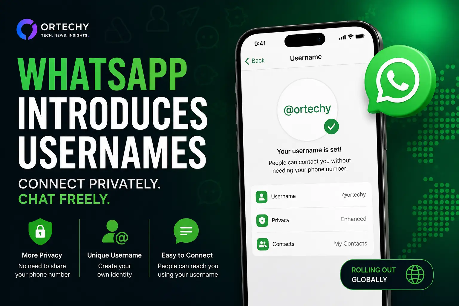 WhatsApp username setup screen replacing phone number as contact identifier