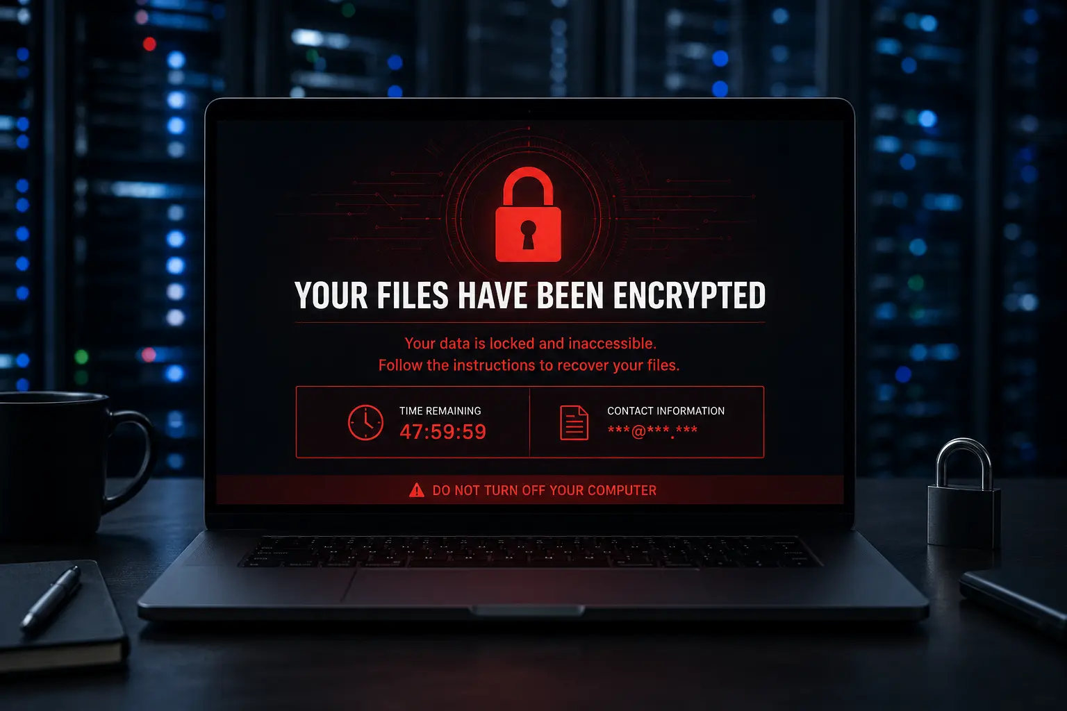 How ransomware infects computers prevention guide showing a laptop displaying a ransom note screen with padlock icon representing the ransomware threat and prevention steps for 2026
