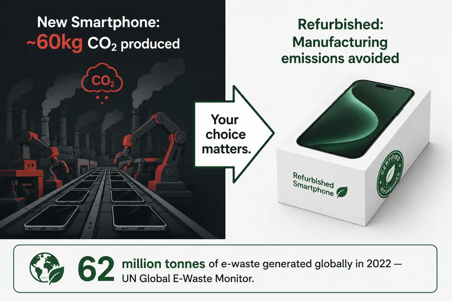 Environmental comparison infographic showing CO₂ emissions from new vs refurbished smartphone production — e-waste impact of buying refurbished