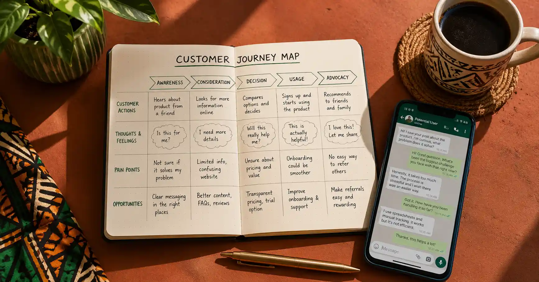 Nigerian tech startup founder validating a business idea using customer discovery notes and WhatsApp
