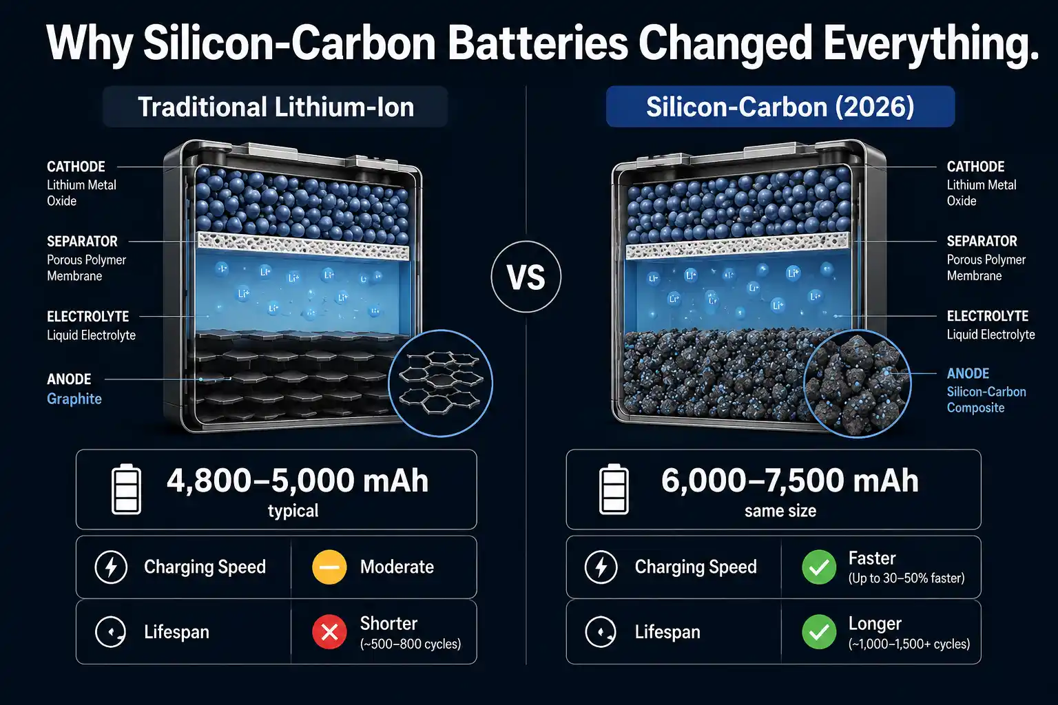 Silicon-carbon vs lithium-ion smartphone battery comparison showing energy density and charging speed differences in 2026