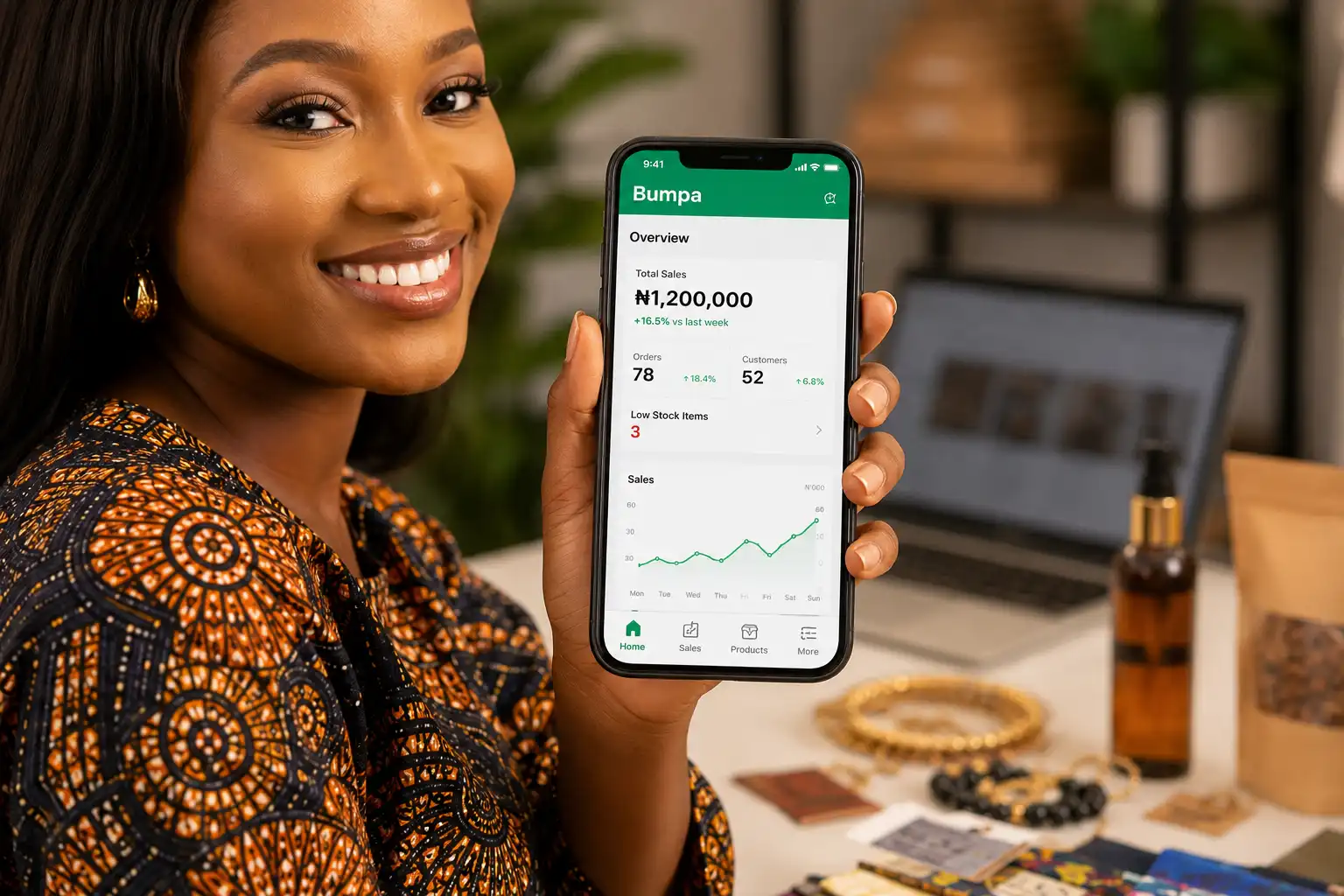 Inside Bumpa platform showing a Nigerian small business owner using the Bumpa app to manage her online store inventory and orders on a smartphone