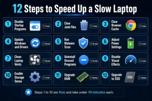 Infographic showing all 12 steps to speed up a slow laptop including disabling startup programs clearing junk files updating drivers running malware scans and upgrading to SSD with time estimates for each step