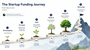 Startup funding stages infographic showing the progression from bootstrapping through pre-seed seed Series A Series B and IPO with typical raise amounts and investor types for how to get startup funding