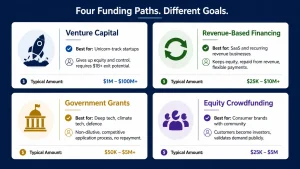 Startup funding options comparison showing venture capital revenue-based financing government grants and equity crowdfunding with best use cases for how to get startup funding without traditional VC investment
