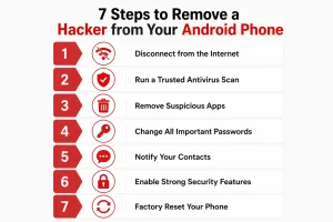 Step by step infographic showing 7 steps to remove a hacker from an Android phone including disconnecting internet running antivirus and factory reset