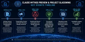 Timeline infographic showing key Anthropic Mythos and Project Glasswing milestones from March 26 2026 announcement through April 2026 security developments"
