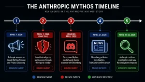 Timeline showing key dates in the Anthropic Mythos breach from announcement on April 7 2026 to Bloomberg investigation publication on April 21 2026