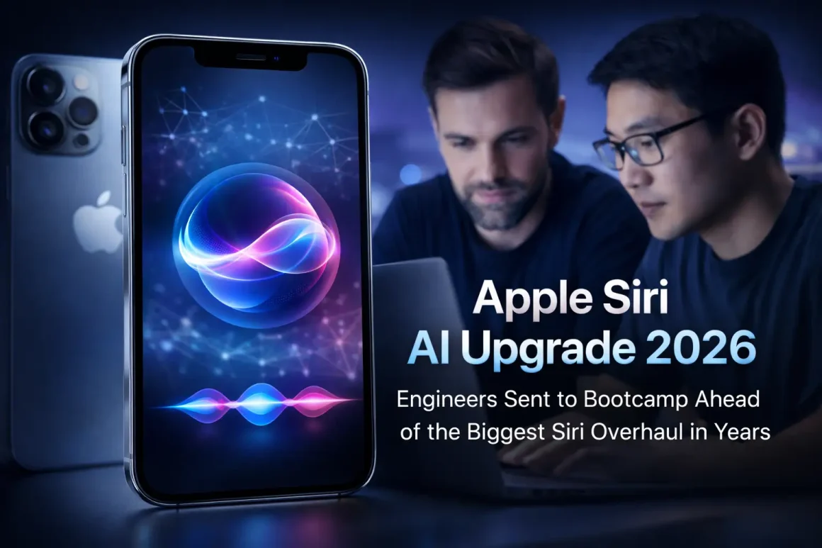 Apple Siri AI engineers collaborating in AI development office with Siri interface displayed on large screen and coding tools on laptop