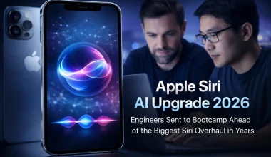 Apple Siri AI engineers collaborating in AI development office with Siri interface displayed on large screen and coding tools on laptop