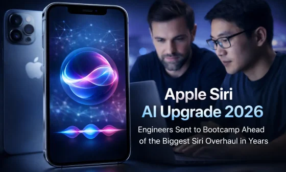 Apple Siri AI engineers collaborating in AI development office with Siri interface displayed on large screen and coding tools on laptop