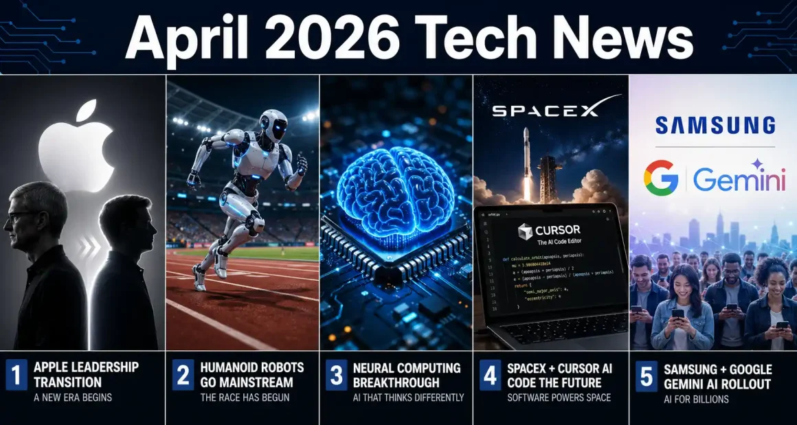Biggest tech news of April 2026 collage showing Apple new CEO John Ternus, humanoid robot running record, brain-like AI chip, SpaceX Cursor acquisition and Samsung Gemini 800 million device expansion