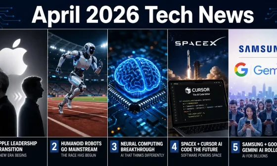 Biggest tech news of April 2026 collage showing Apple new CEO John Ternus, humanoid robot running record, brain-like AI chip, SpaceX Cursor acquisition and Samsung Gemini 800 million device expansion