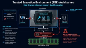 Diagram showing how a side-channel attack bypasses a Trusted Execution Environment TEE by intercepting DDR5 memory bus traffic outside the Intel SGX and AMD SEV-SNP normal threat model boundary