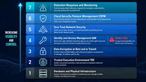 Cloud security technology layers diagram showing hardware infrastructure Trusted Execution Environment TEE data encryption identity access management zero trust CSPM and detection response stacked as a complete cloud security architecture