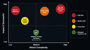 Risk matrix showing side-channel attack types against confidential computing and Trusted Execution Environments ranked by complexity and impact including TEE.Fail Spectre Meltdown and cache timing attacks
