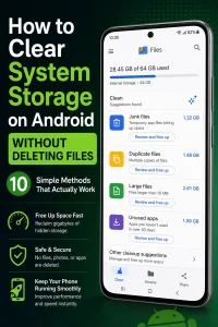 Google Files app on Android showing Clean tab with junk files duplicate files and storage categories to free up system storage without deleting personal files.
