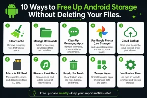 Infographic showing 10 methods to clear system storage on Android without deleting files including clearing cache cloud backup SD card and Device Care.