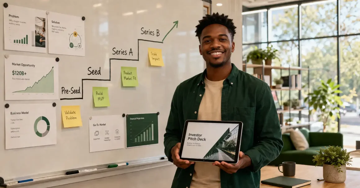 How to get startup funding guide showing a founder in a modern office with a startup funding stages roadmap on a whiteboard covering pre-seed seed and Series A rounds