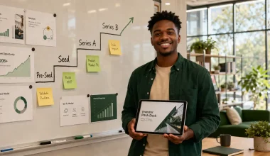 How to get startup funding guide showing a founder in a modern office with a startup funding stages roadmap on a whiteboard covering pre-seed seed and Series A rounds