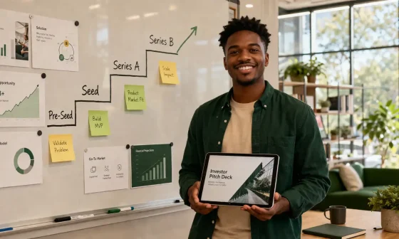 How to get startup funding guide showing a founder in a modern office with a startup funding stages roadmap on a whiteboard covering pre-seed seed and Series A rounds
