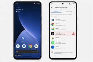 Android phone in Safe Mode on the left and Android Permission Manager showing suspicious app camera access on the right showing how to check if Android is hacked
