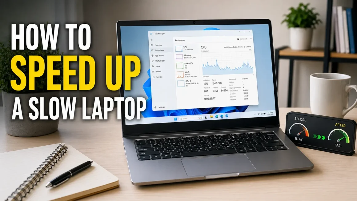 How to speed up a slow laptop showing a laptop on a desk with Task Manager open displaying CPU and memory usage alongside a before and after speed comparison