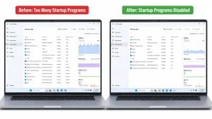 How to speed up a slow laptop by disabling startup programs in Windows Task Manager showing before and after comparison of CPU and memory usage reduction