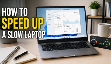 How to speed up a slow laptop showing a laptop on a desk with Task Manager open displaying CPU and memory usage alongside a before and after speed comparison