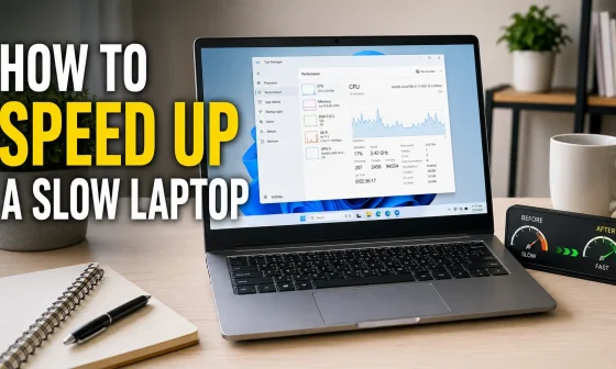 How to speed up a slow laptop showing a laptop on a desk with Task Manager open displaying CPU and memory usage alongside a before and after speed comparison
