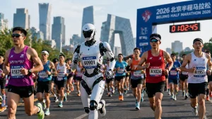 Humanoid robot running in the Beijing half marathon April 2026 alongside human runners representing one of the biggest tech news stories of April 2026