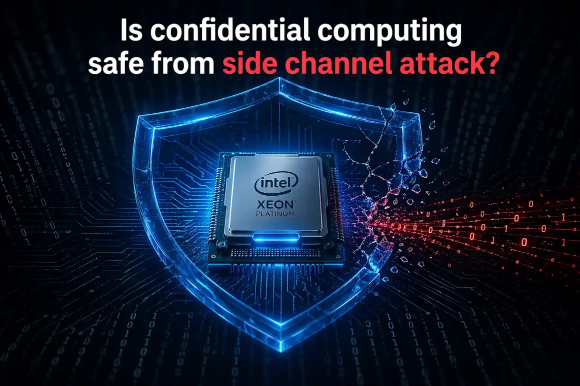 Is confidential computing safe from side-channel attacks illustration showing a cracking TEE security shield around a CPU chip representing TEE.Fail vulnerability in Intel SGX and AMD SEV-SNP