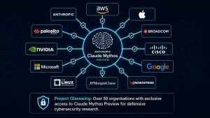 Project Glasswing ecosystem diagram showing Anthropic Claude Mythos Preview at the centre surrounded by partner companies including Apple Microsoft Google AWS Cisco and NVIDIA connected by shield lines representing defensive cybersecurity
