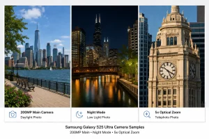 Samsung Galaxy S25 Ultra camera samples showing 200MP daytime photo and low light night photography comparison