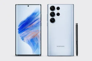  Samsung Galaxy S25 Ultra in Titanium Silverblue showing front and back design with S Pen slot and quad camera system