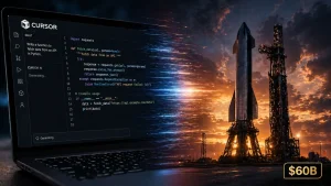 SpaceX $60 billion Cursor acquisition split image showing AI coding interface on the left and SpaceX Starship rocket on the right representing one of the biggest tech news stories of April 2026