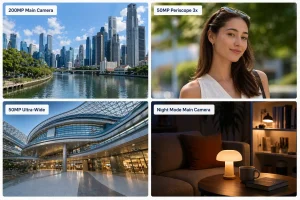 Vivo X300 camera review samples showing 200MP main camera daylight shot 50MP periscope portrait ultra-wide architecture and Night Mode low light performance in a four panel comparison grid
