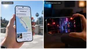 Vivo X300 display review showing 4500 nit outdoor brightness on the left and deep AMOLED contrast in low light on the right