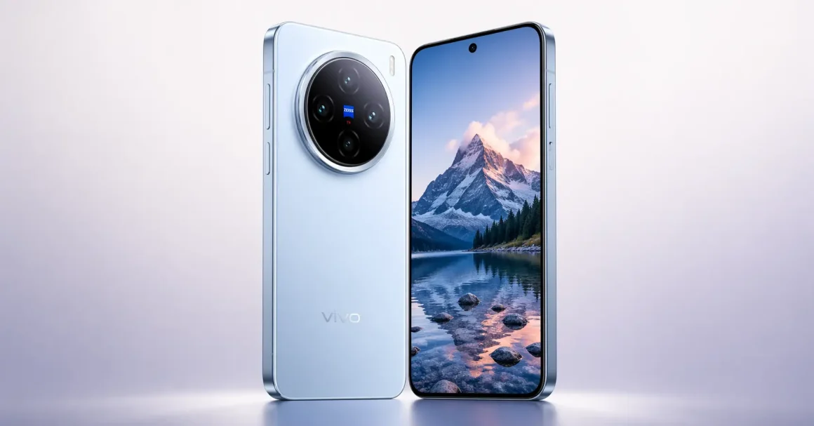 Vivo X300 review showing front and back design with AMOLED display and 200MP Zeiss triple camera module in light blue colorway