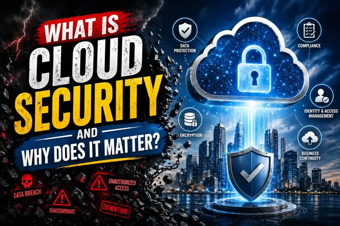 What is cloud security infographic showing a glowing cloud icon surrounded by shield icons representing encryption zero trust TEE compliance identity and monitoring as key cloud security pillars