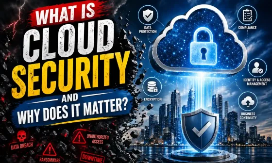 What is cloud security infographic showing a glowing cloud icon surrounded by shield icons representing encryption zero trust TEE compliance identity and monitoring as key cloud security pillars